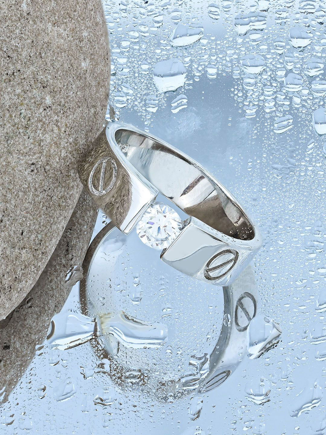 TOUCH925 Men 925 Pure Silver Cubic Zircon Stone Studded Statement Finger Ring