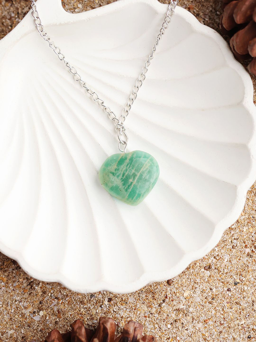 Shubhanjali Silver Amazonite Stone Studded Mini Heart Shaped Pendant