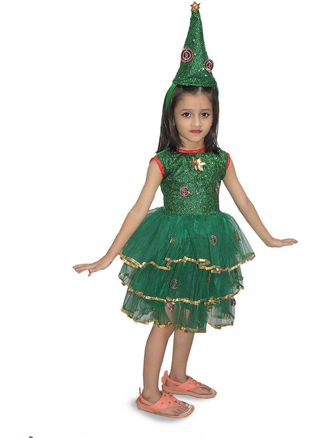Kaku Fancy dresses Girls Embellished Layered Skin Friendly Christmas Tree Dress & Hat