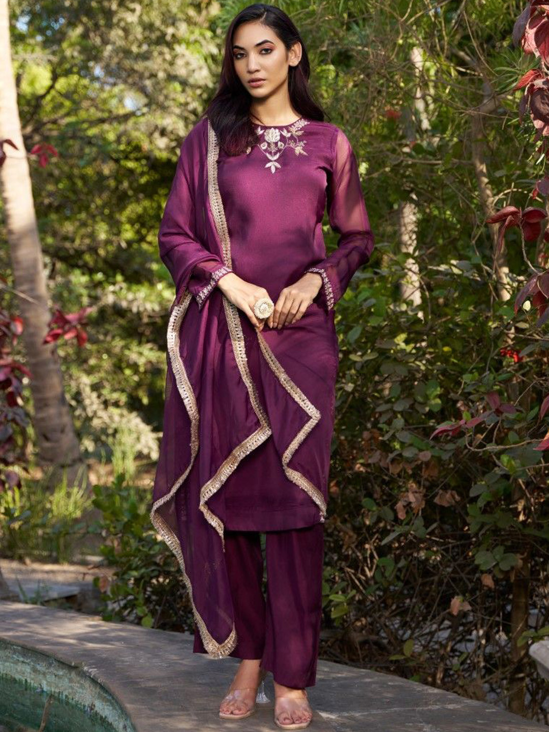 HOUSE OF MIRA Round neck Floral Embroidered Beads and Stones Kurta with Palazzo & Dupatta