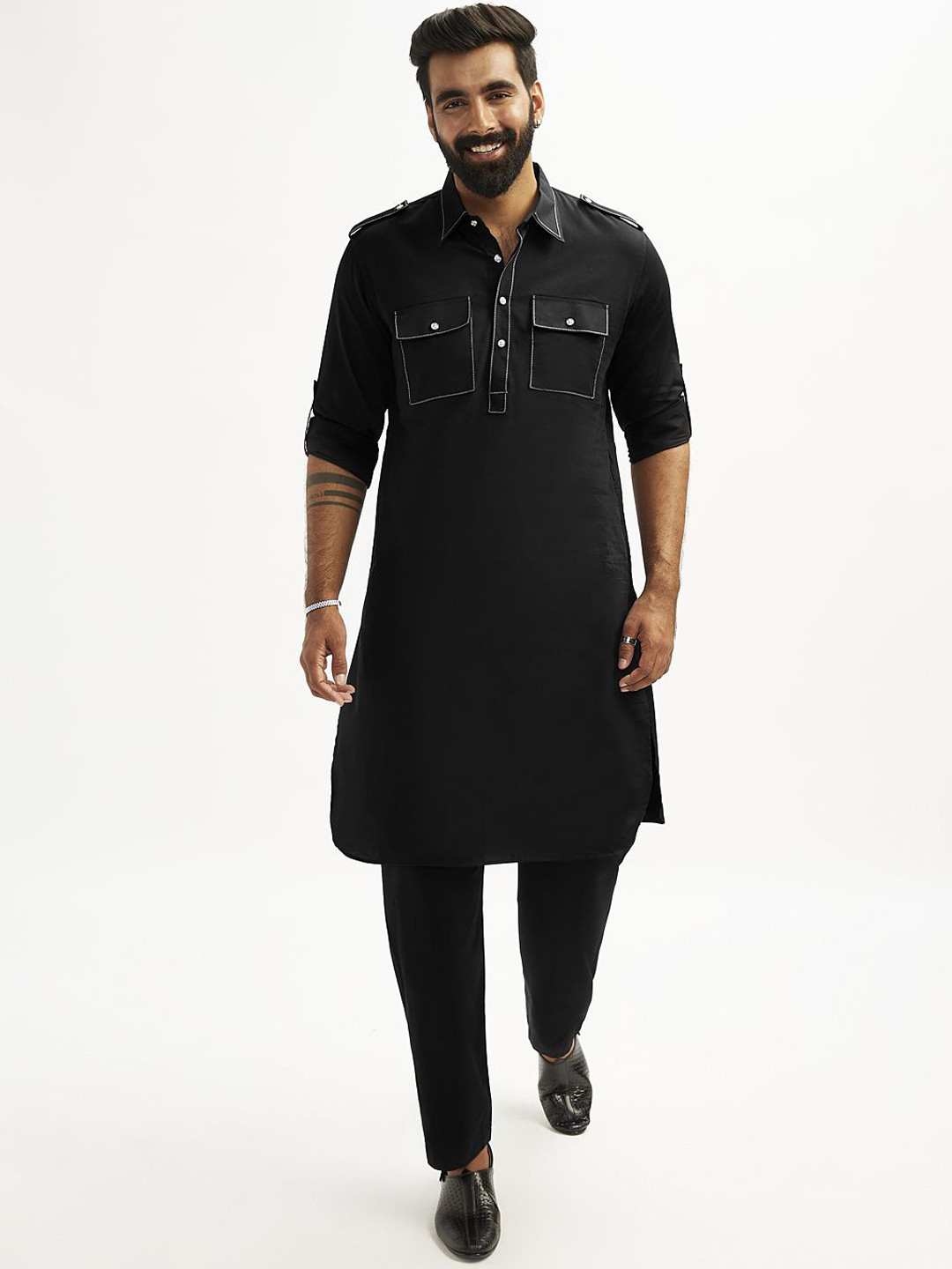 VASTRAMAY Shirt Collar Long Sleeves Pathani Satin Straight Kurta with Trousers
