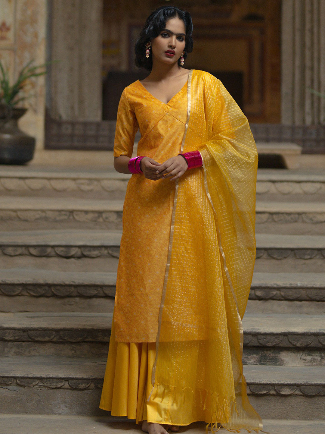 BAARO MASI Floral Woven Design Empire Brocade Kurta With Skirt & Dupatta