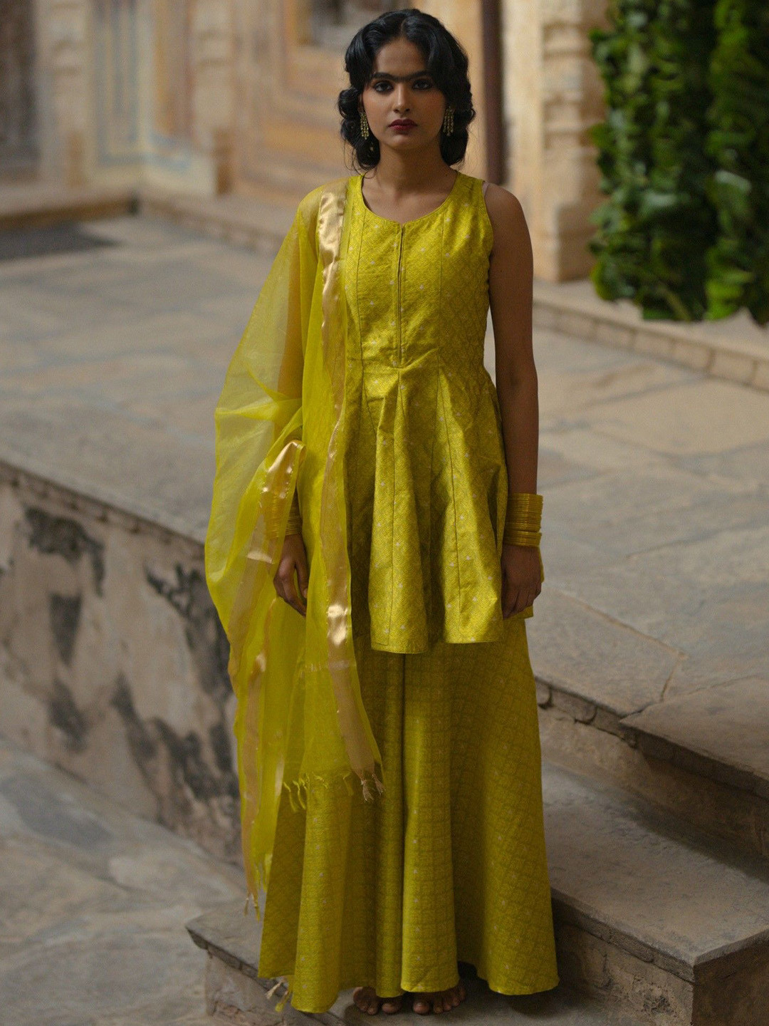 BAARO MASI Ethnic Motifs Printed Panelled Brocade Kurti with Sharara & Dupatta