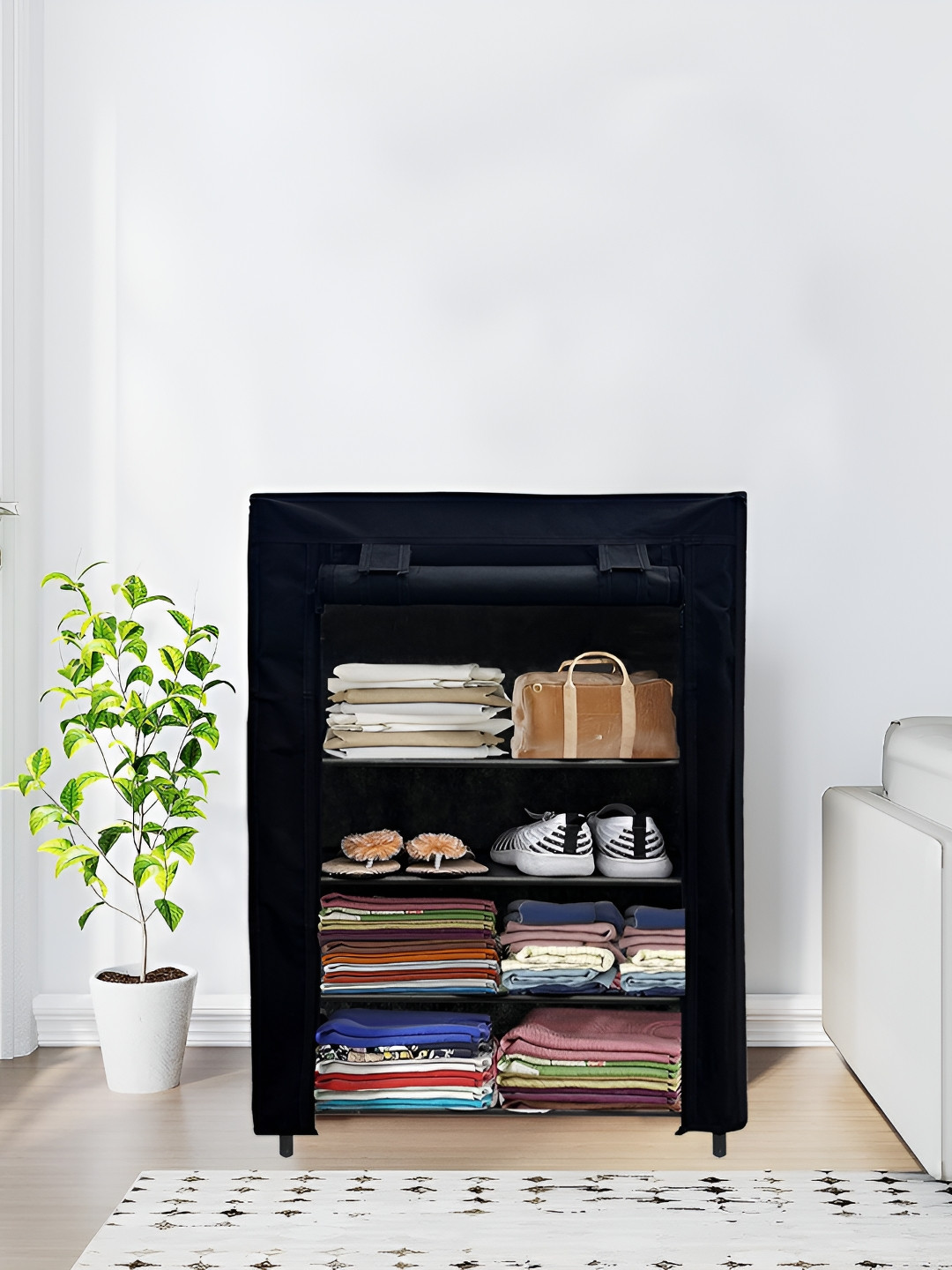 Urban Choice Black Metal 4-Layer Collapsible Wardrobe