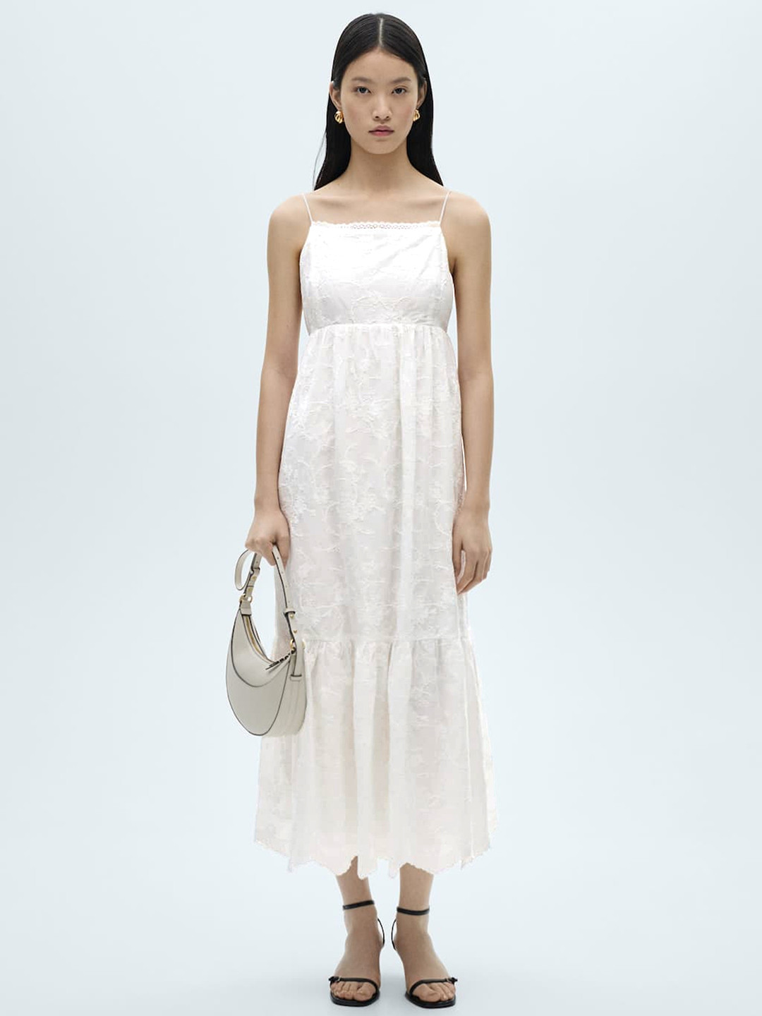 MANGO Floral Embroidered Pure Cotton A-Line Midi Dress