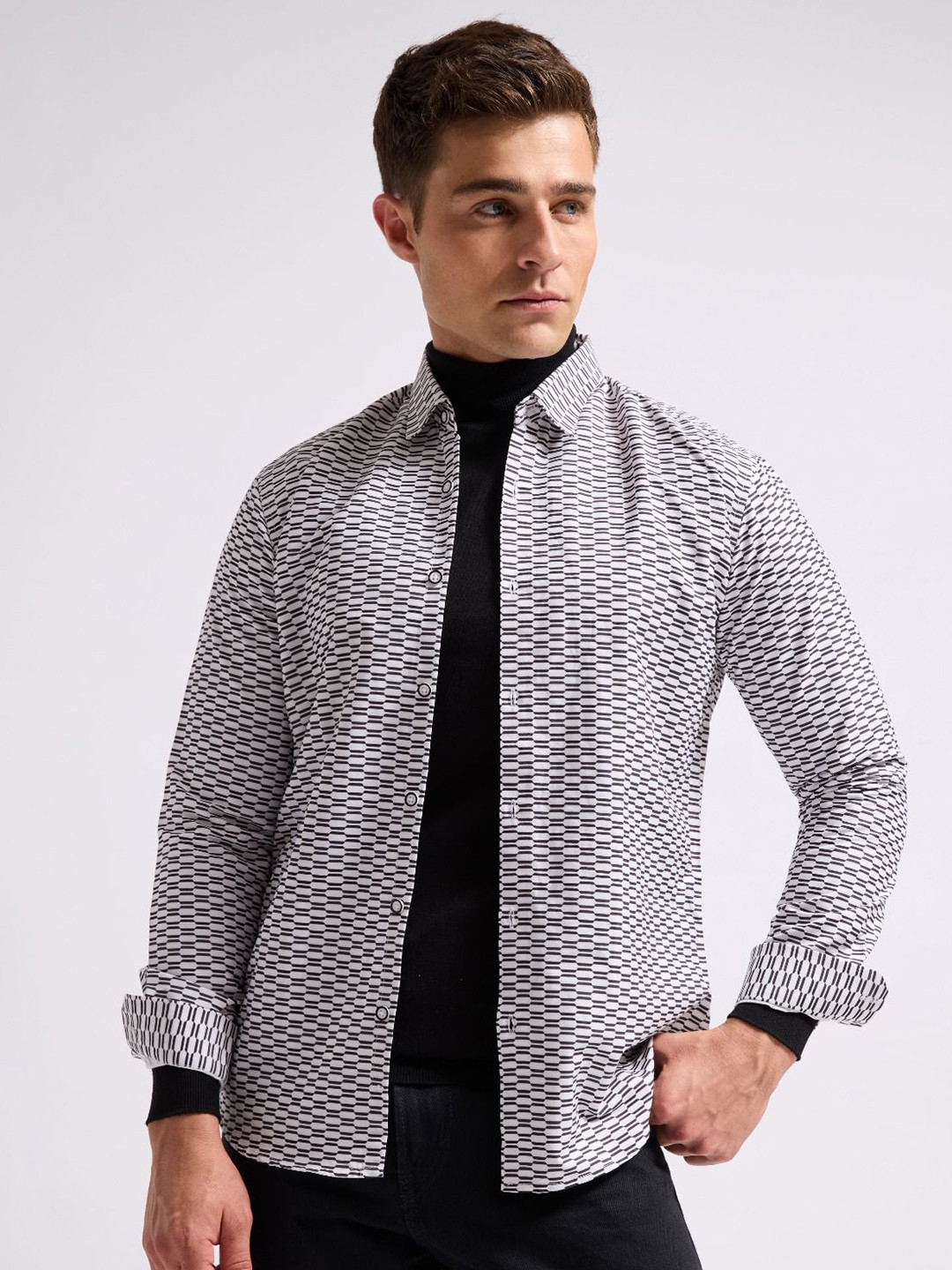 MISCHIEF MONKEY Men Classic Spread Collar Geometric Printed Slim Fit Casual Shirt