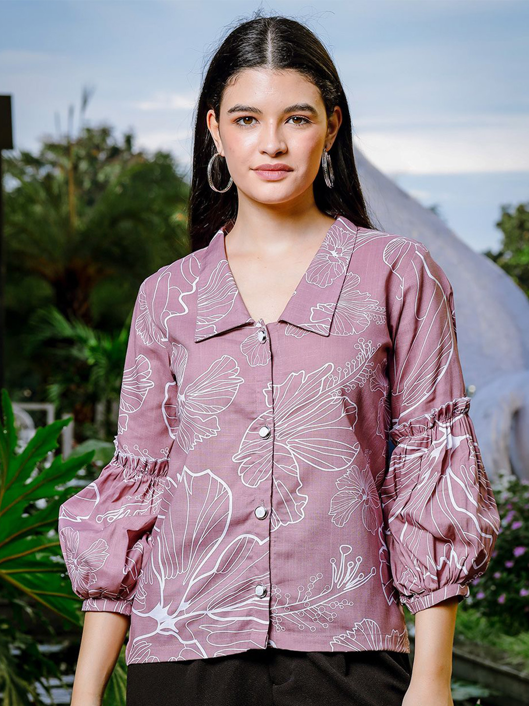 Yufta Floral Print Puff Sleeve Linen Shirt Style Top