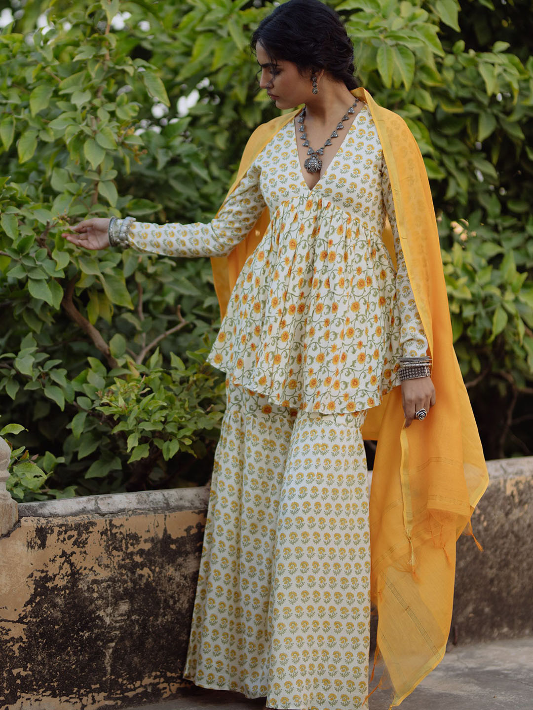 BAARO MASI Floral Block Printed A-Line Kurti With Sharara & Dupatta