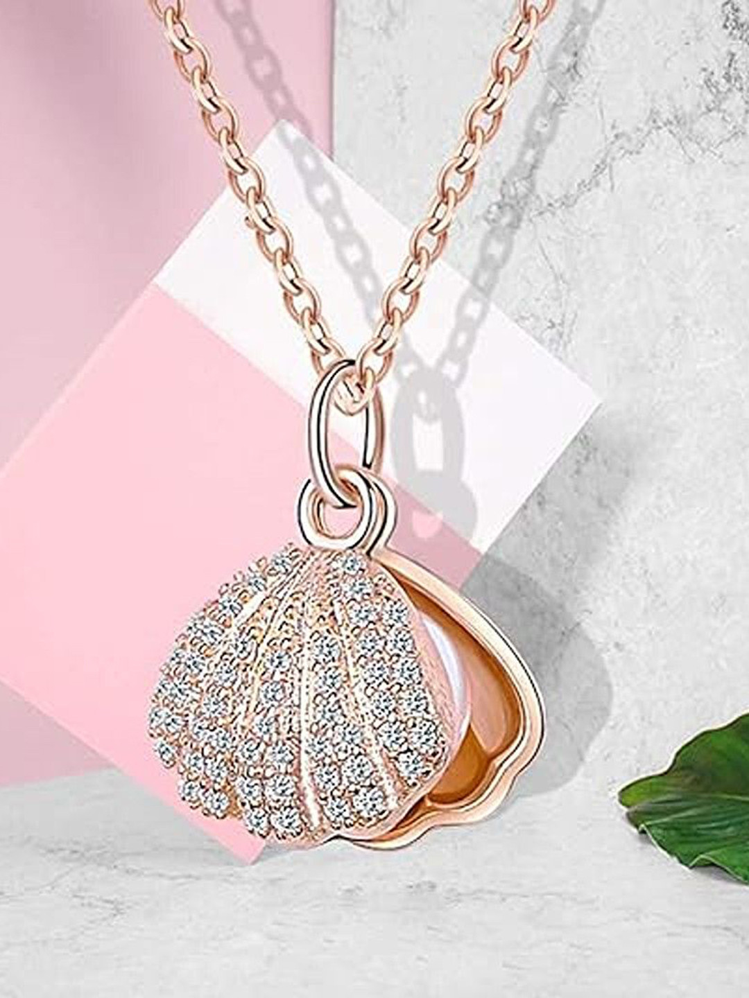 Lila Stainless Steel Feather Shaped Cubic Zirconia Pendant with Chain