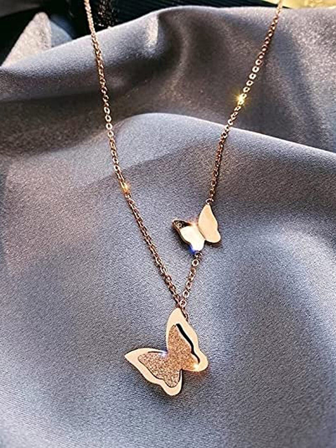 Lila Unisex Stainless Steel Cubic Zirconia Double Butterflies Pendant With Chain