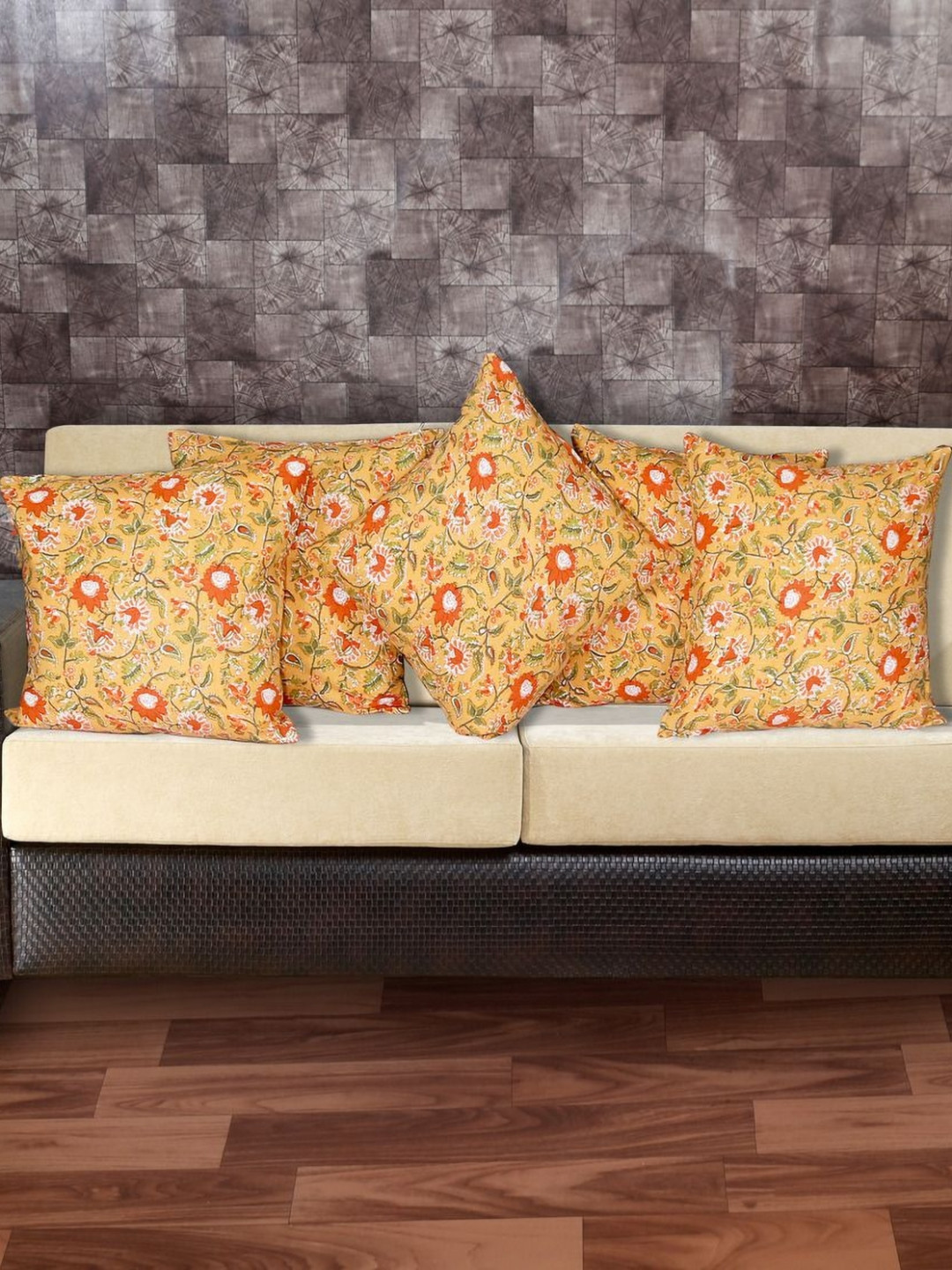 INDHOME LIFE Orange Floral Cotton Ultra Soft 5 Pcs Square Cushion Covers - 16 x 16 Inches
