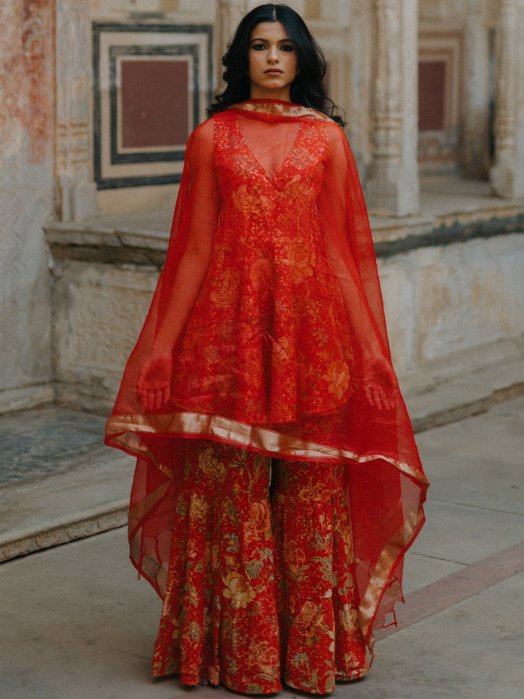 BAARO MASI Floral Printed Self Design Sequinned Angrakha Kurti with Sharara & Dupatta