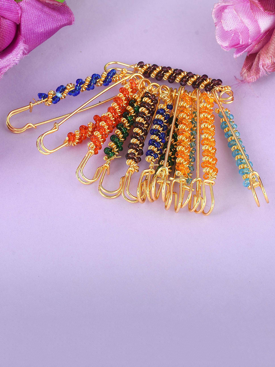 MEMOIR Set Of 12 Gold-Plated Beaded Saree Pin