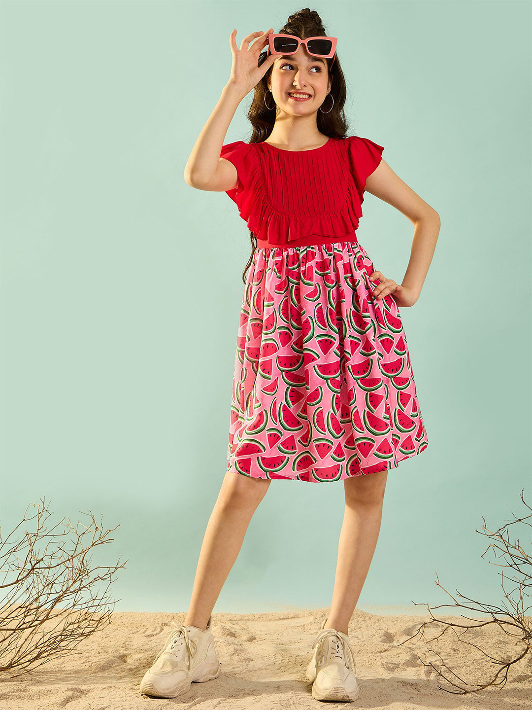 Cherry & Jerry Print Ruffled Crepe A-Line Dress