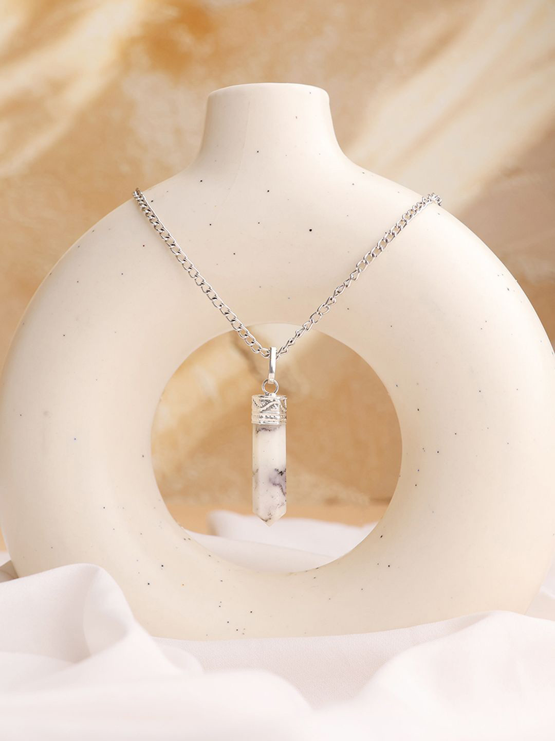 Shubhanjali Unisex Silver-Plated Dendrite Opal Stone Studded Pencil Pendant