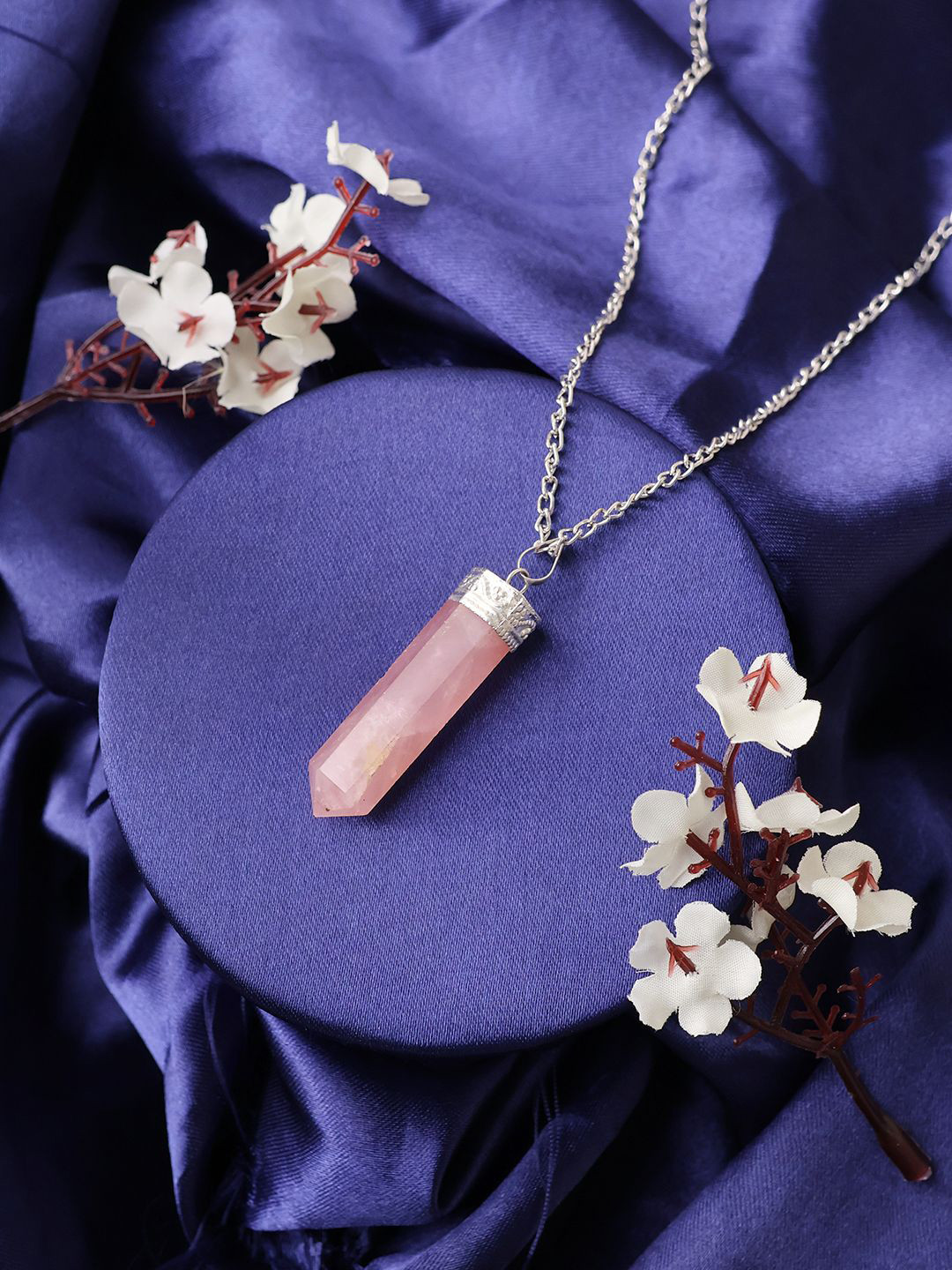 Shubhanjali Unisex Silver-Plated Rose Quartz Stone Studded Pencil Pendant