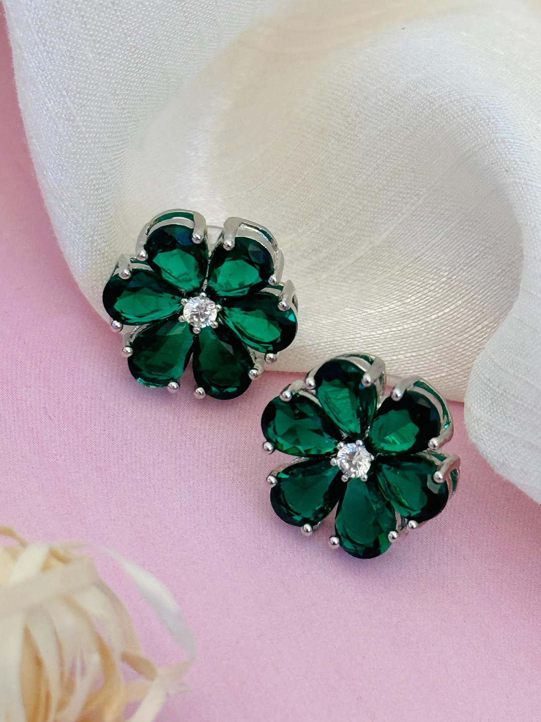 Sangria Silver-Plated Stone-Studded Floral Studs