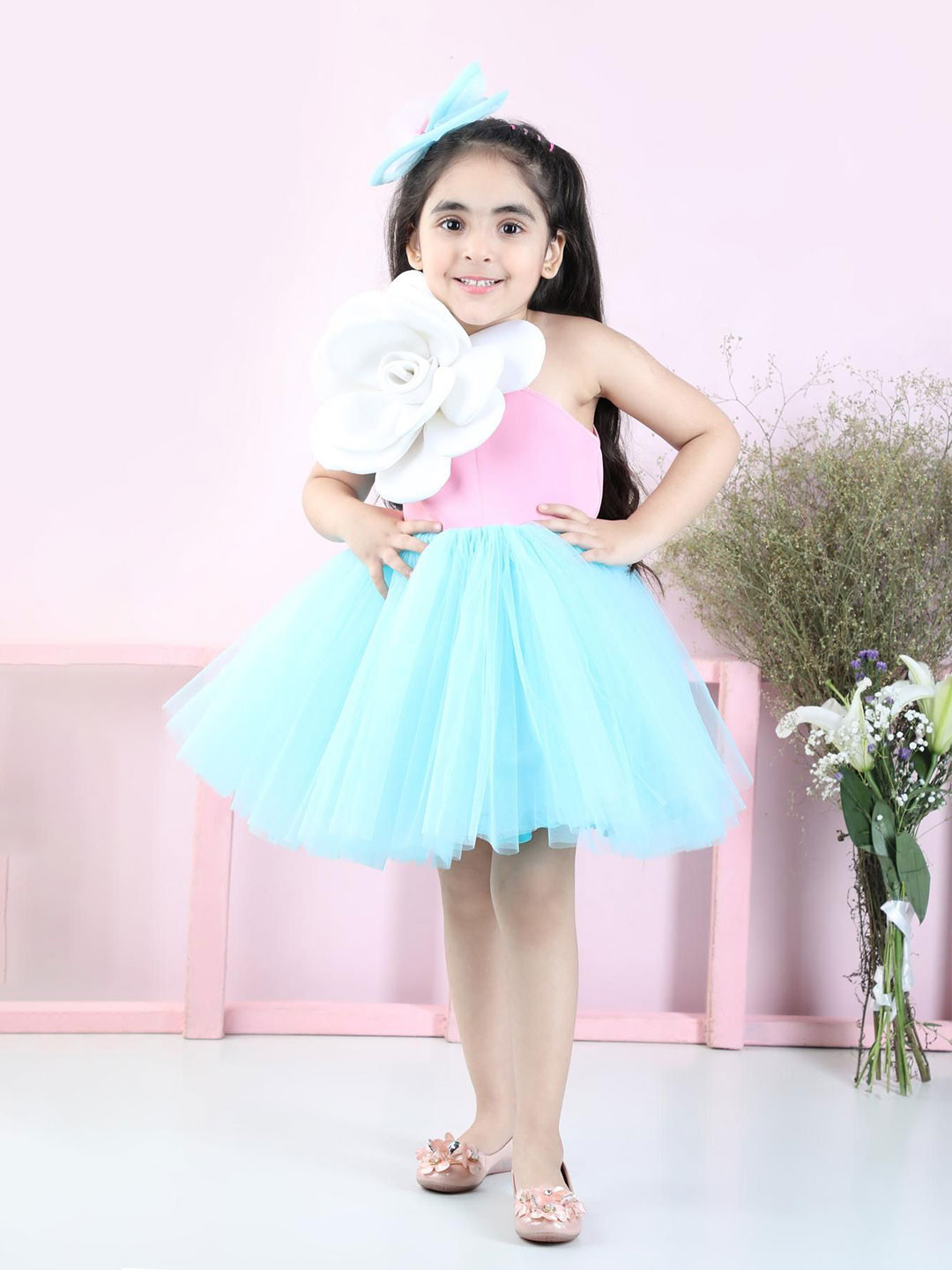 THE LITTLE CELEBS Halter Neck Net Fit & Flare Dress