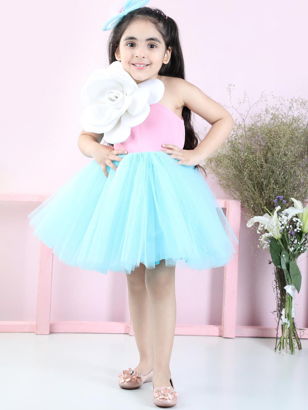 THE LITTLE CELEBS Halter Neck Net Fit & Flare Dress