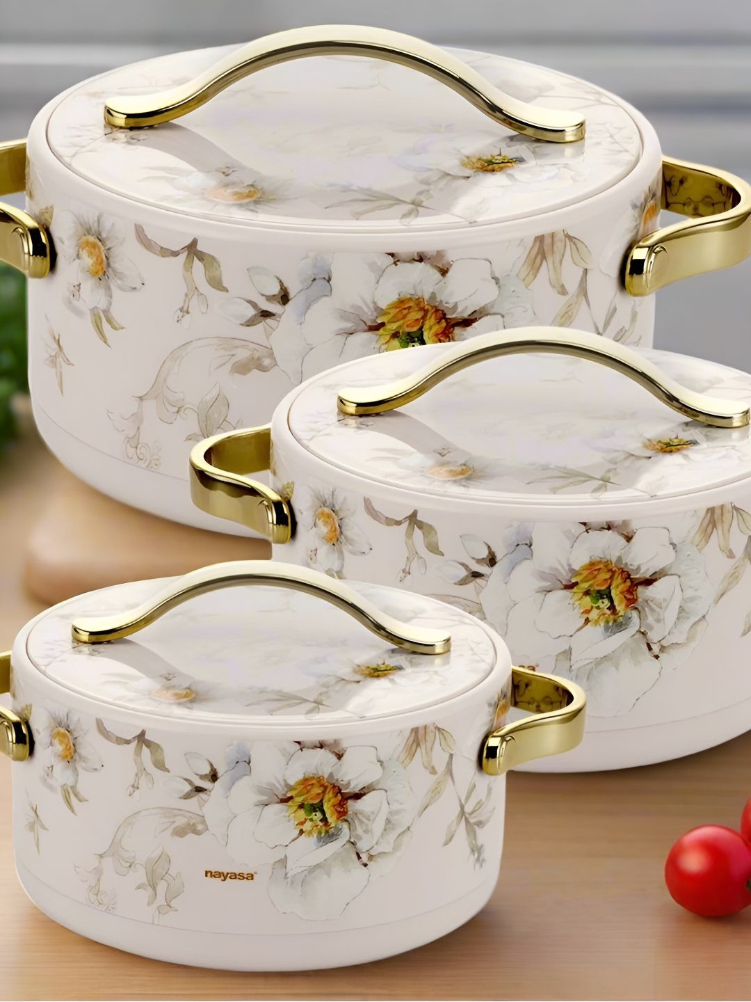 Nayasa Bethany Set Of 3 White BPA-Free Food-Grade Insulated Inner SS Casseroles - Big