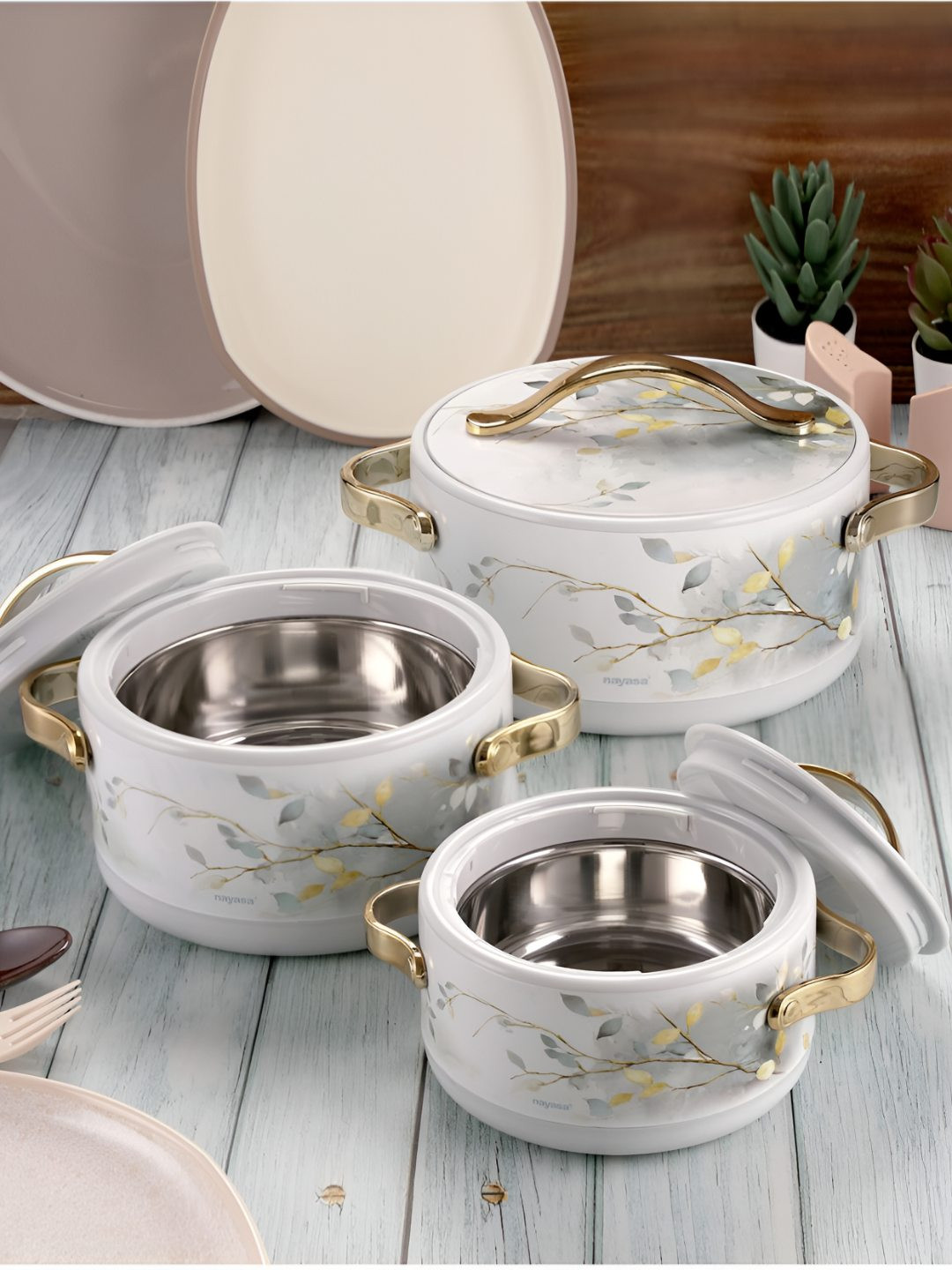 Nayasa Set Of 3 Grey Bethany Insulated Inner Stainless Steel BPA Free Casserole