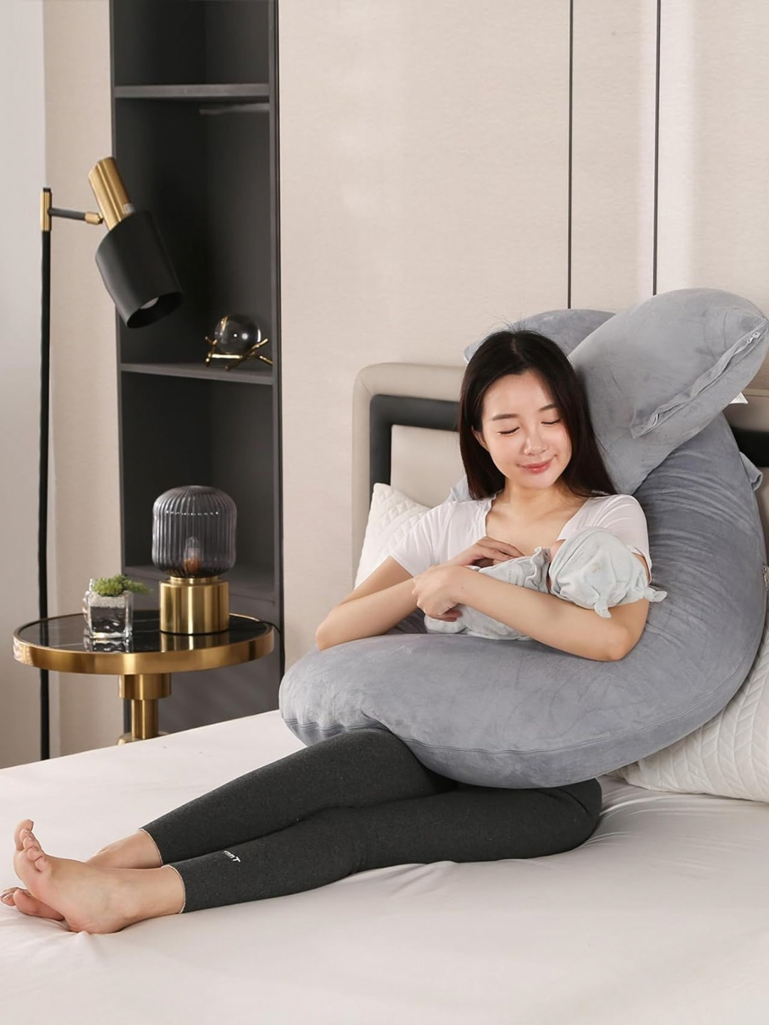 Pum Pum Hollow Fiber Grey Solid Faux Velvet Ultra Soft Fibre Maternity Pillow-104 x 65 x 16.5 cm