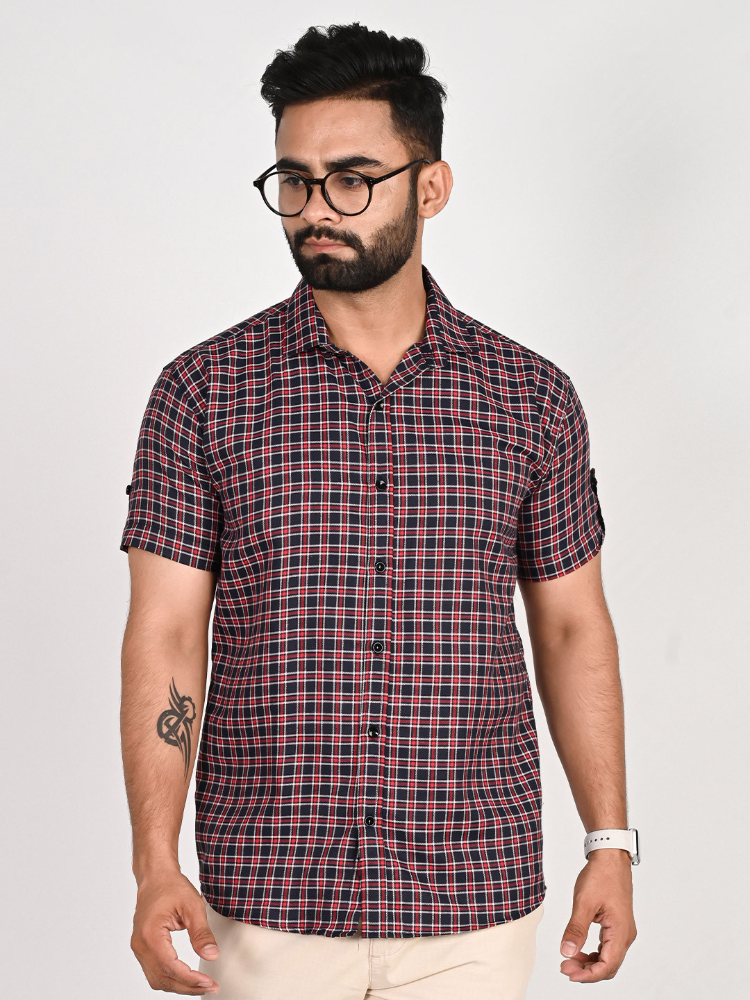 Tanip Men Speread Collar Micro Checked Cotton Casual Shirt