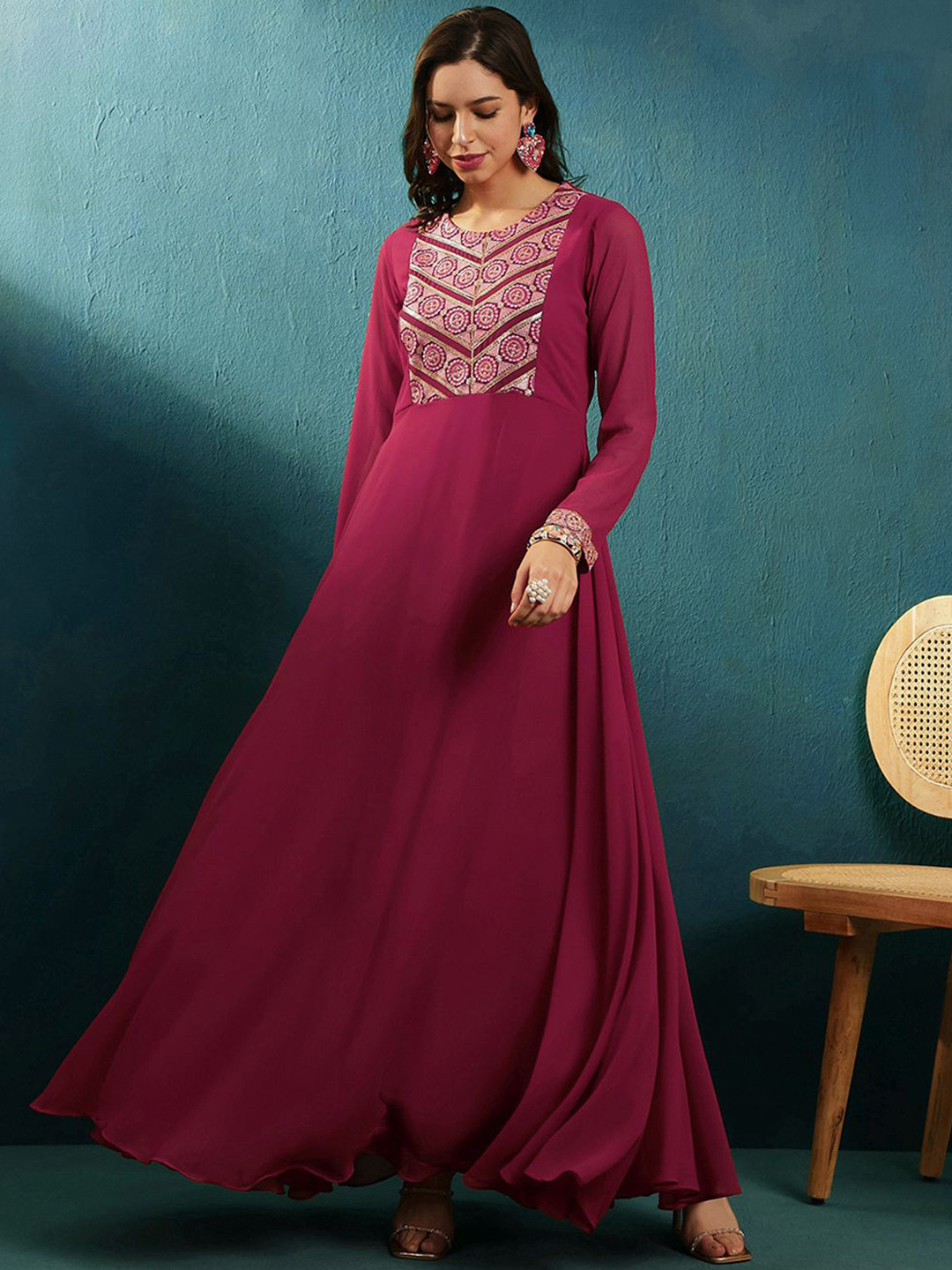 Kvsfab Georgette Floral Sequence A-Line Flared Maxi Dress