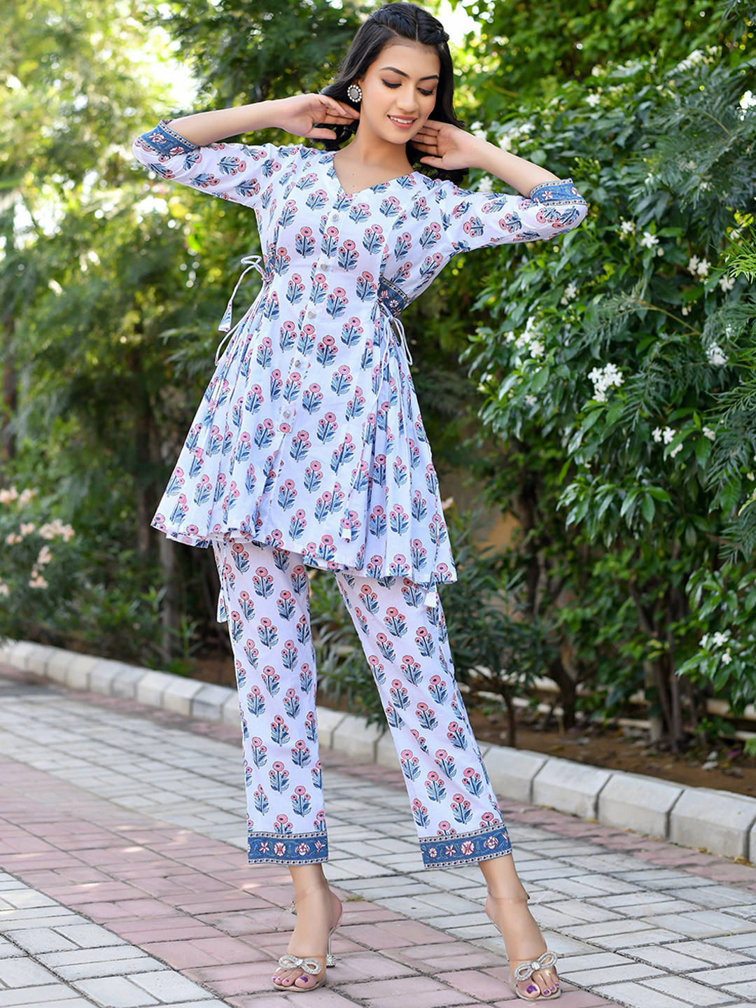 Anastay Clothing V-Neck Printed Pure Cotton Tunic With Trousers