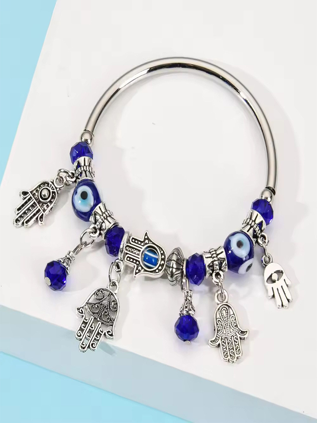 Lila Unisex Evil Eye Beaded Stainless Steel Kada Bracelet