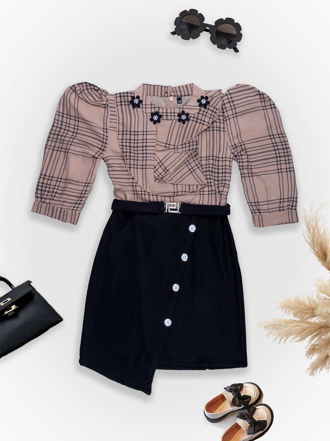 we11 Checked Puff Sleeve A-Line Dress