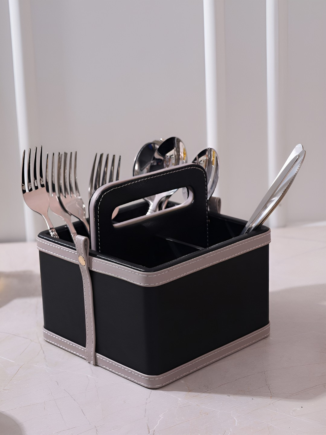 HOME 360 Black 4 Divider Leather Cutlery Holder