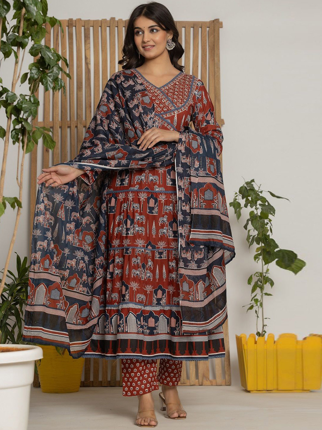 ALLEN WEAVE Printed Angrakha Anarkali Pure Cotton Kurta With Trousers And Dupatta