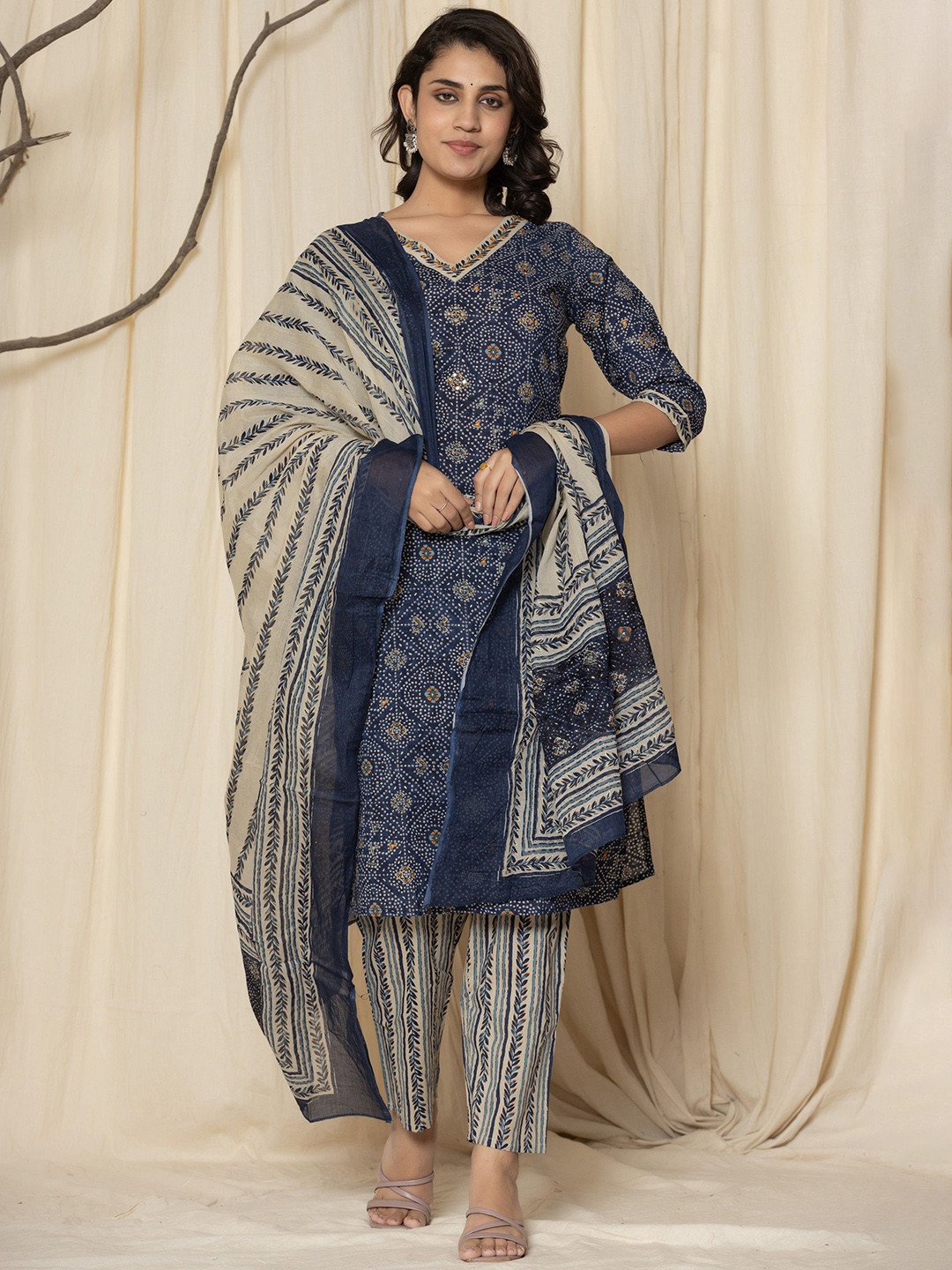 ALLEN WEAVE Ethnic Motifs Printed Mirror Work Pure Cotton Kurta With Pyjama And Dupatta
