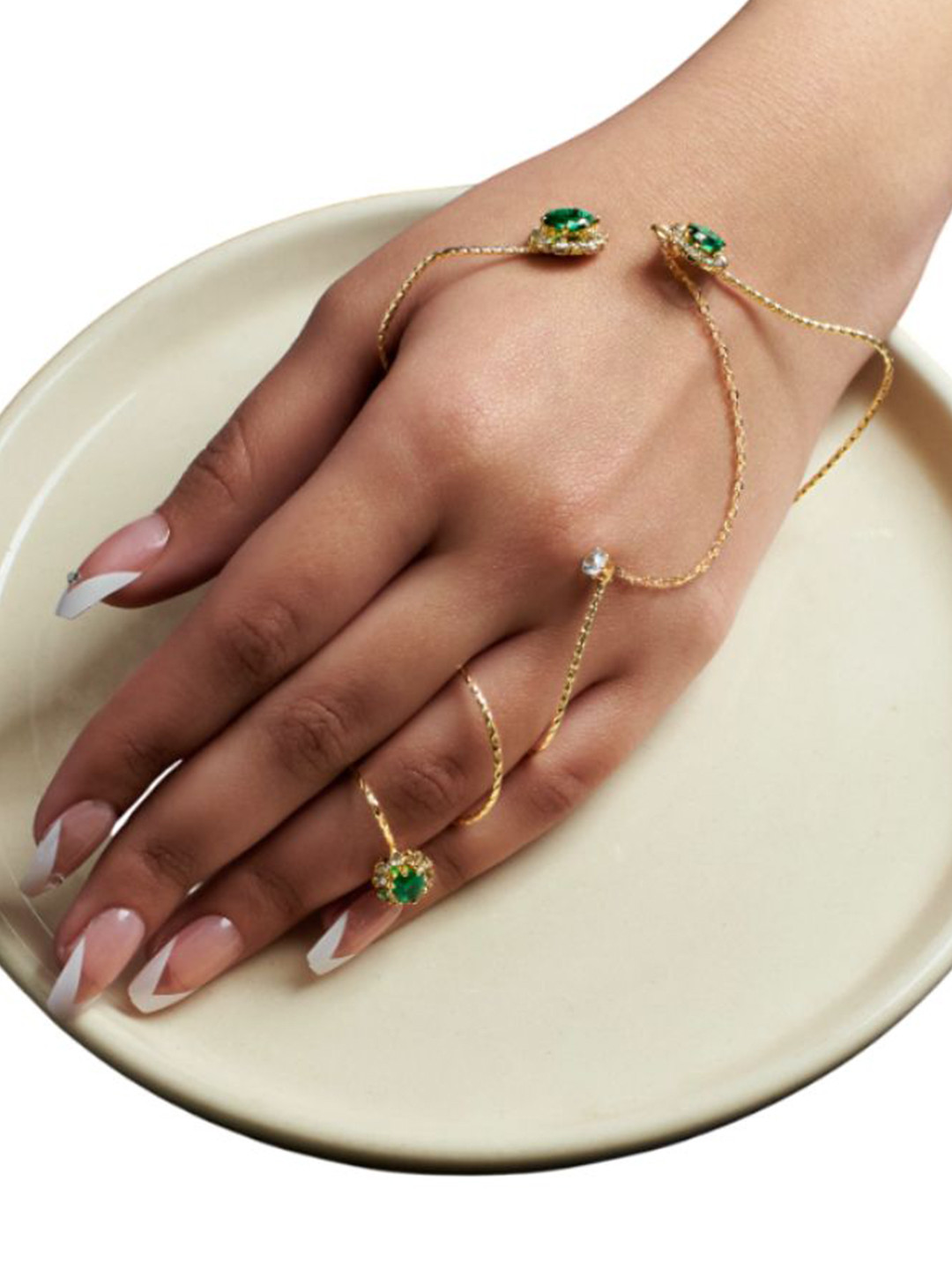 SALTY Women Emerald Stone Studded Finger Chain Ring Bracelet