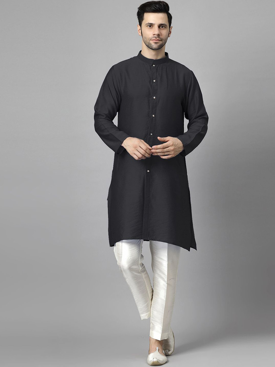 Utsav Fashion Men High Slit Raw Silk Kurta with Trousers
