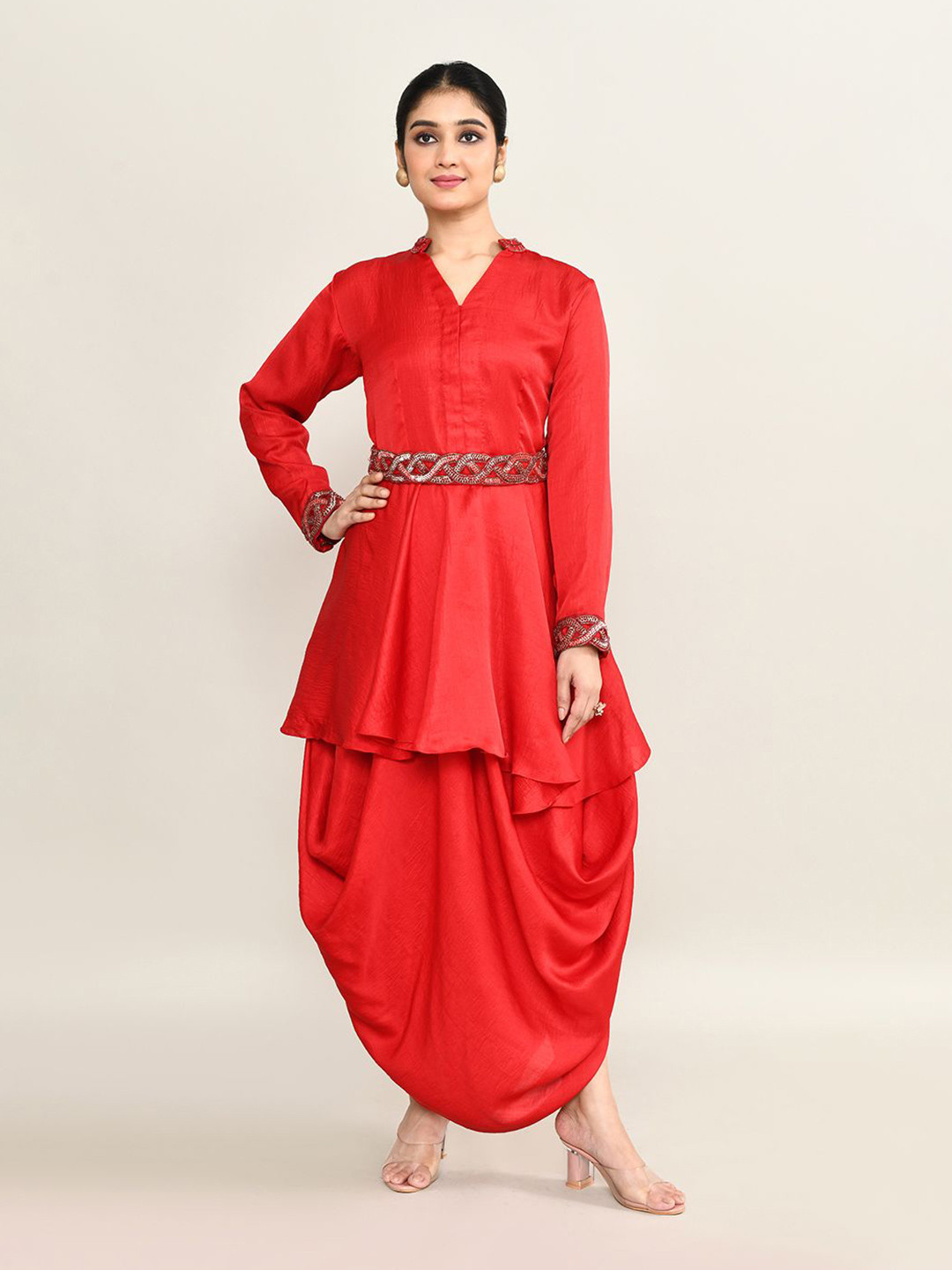 The Maple Women V-Neck Fit and Flare Maxi Dress With Embellished Belt