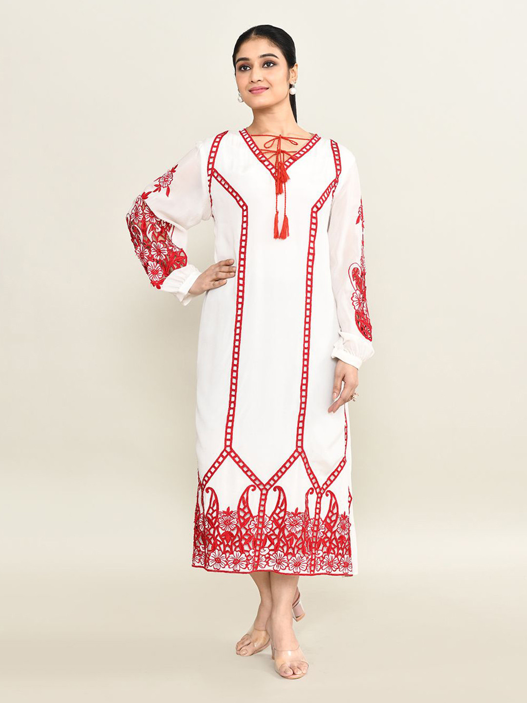 The Maple Women Ethnic Motifs Embroidered Shift Midi Dress