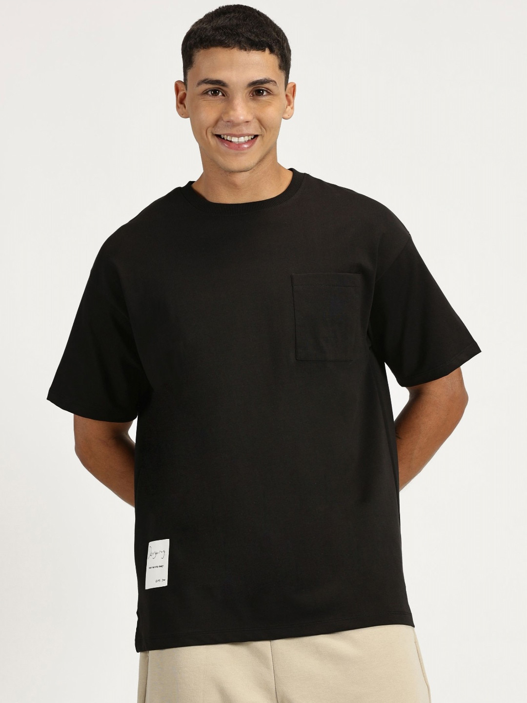 RAVINIK Men Solid Round Neck Cotton Oversized T-shirt