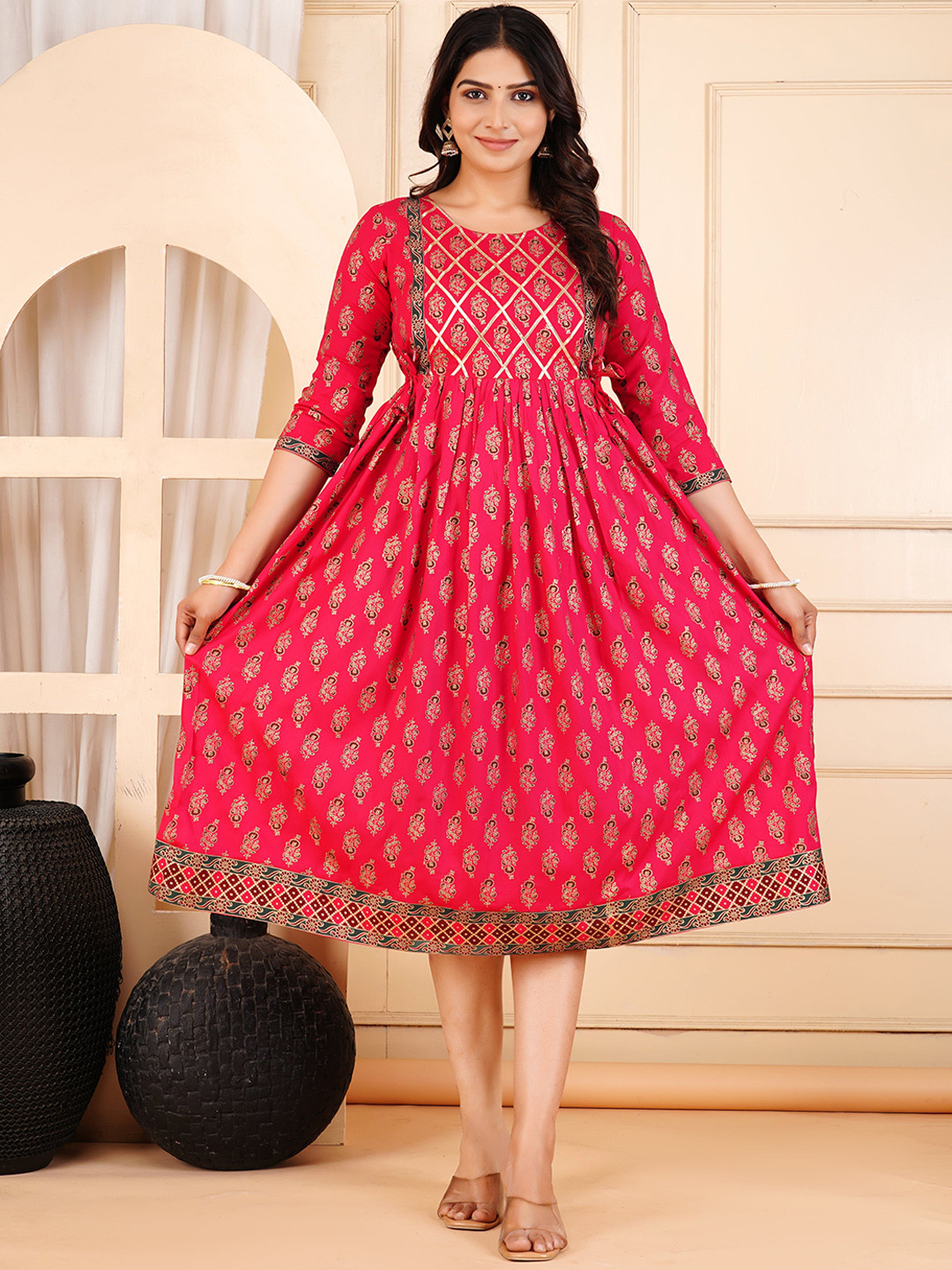 KIAARON Round Neck Floral Printed Maternity Ethnic Dress