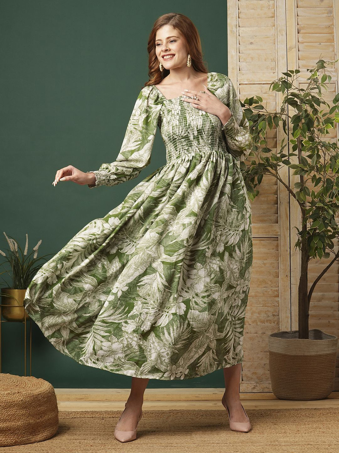 STARWORD Women Floral Printed Smoked Fit & Flare Square Neck Bishop Sleeves Maxi Dress