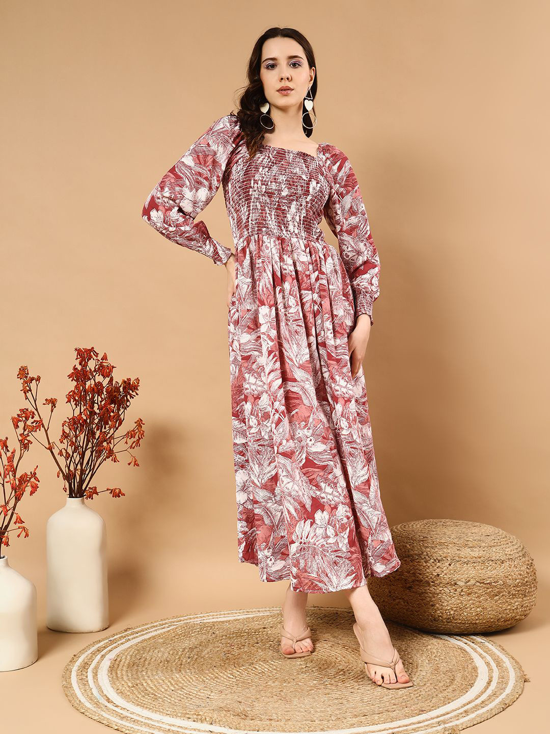 STARWORD Women Floral Printed Smoked Fit & Flare Square Neck Bishop Sleeves Maxi Dress