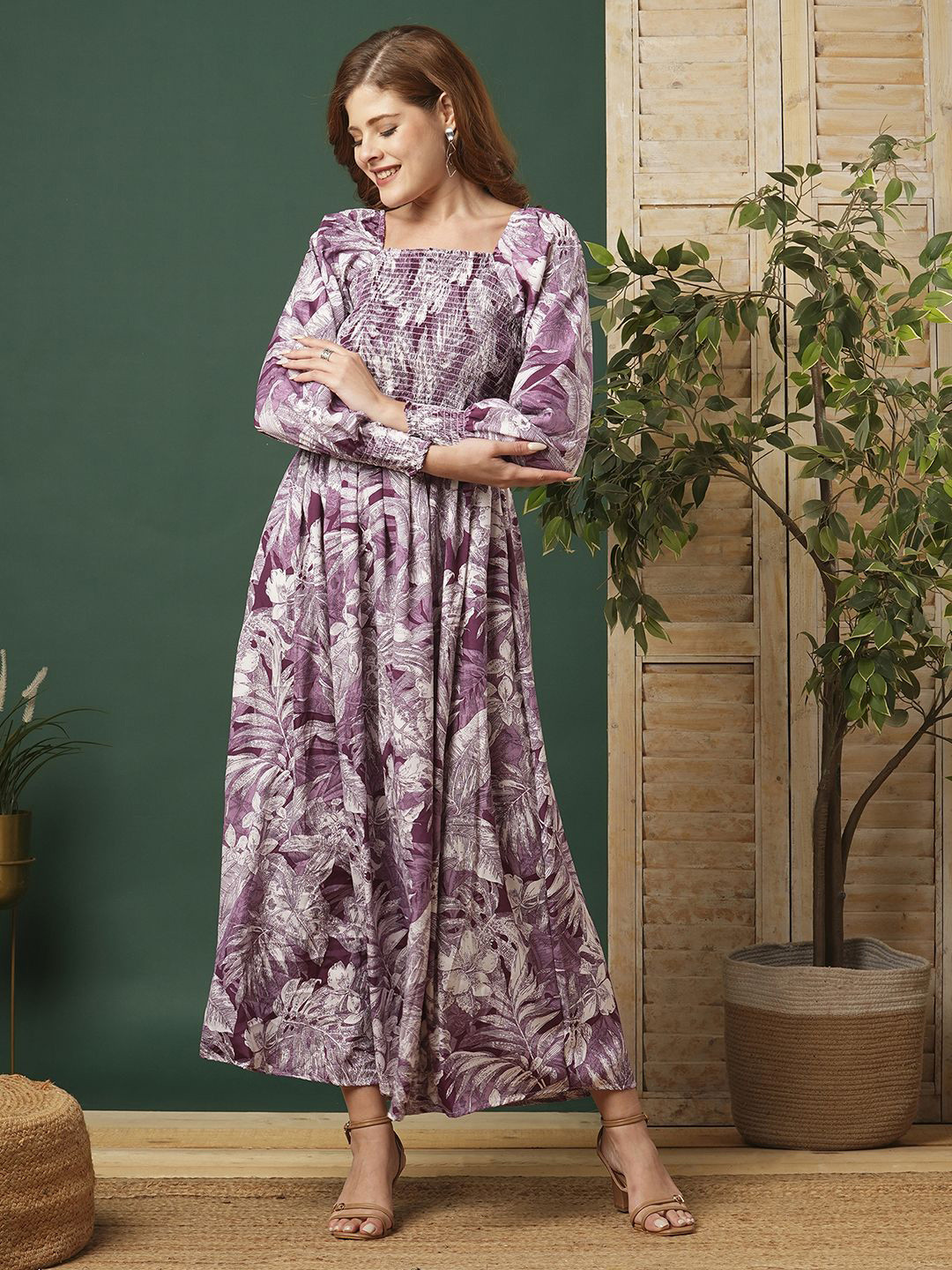 STARWORD Women Floral Printed Smoked Fit & Flare Square Neck Bishop Sleeves Maxi Dress