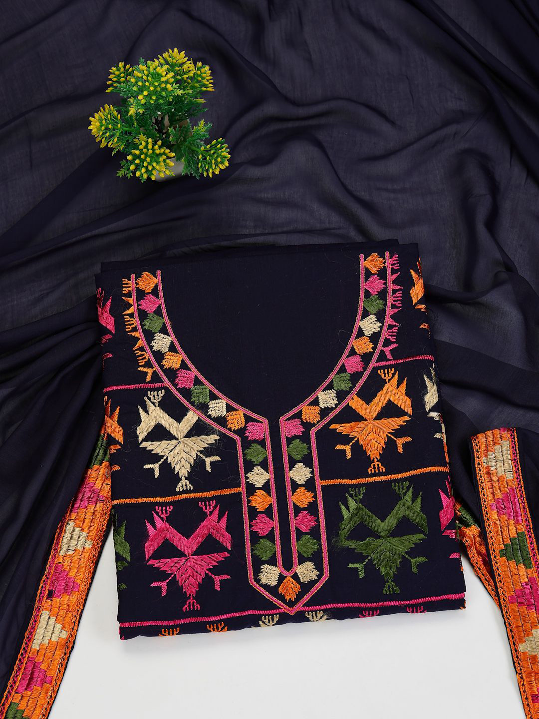 Clora Creation Phulkari Embroidered Pure Cotton Unstitched Dress Material