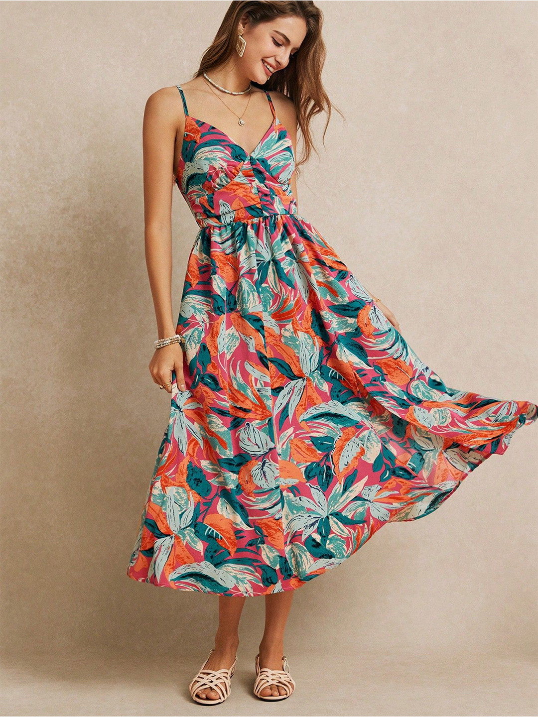 ELYRAA Women Shoulder Straps Side Slit Printed Floral Fit & Flare Midi Dress