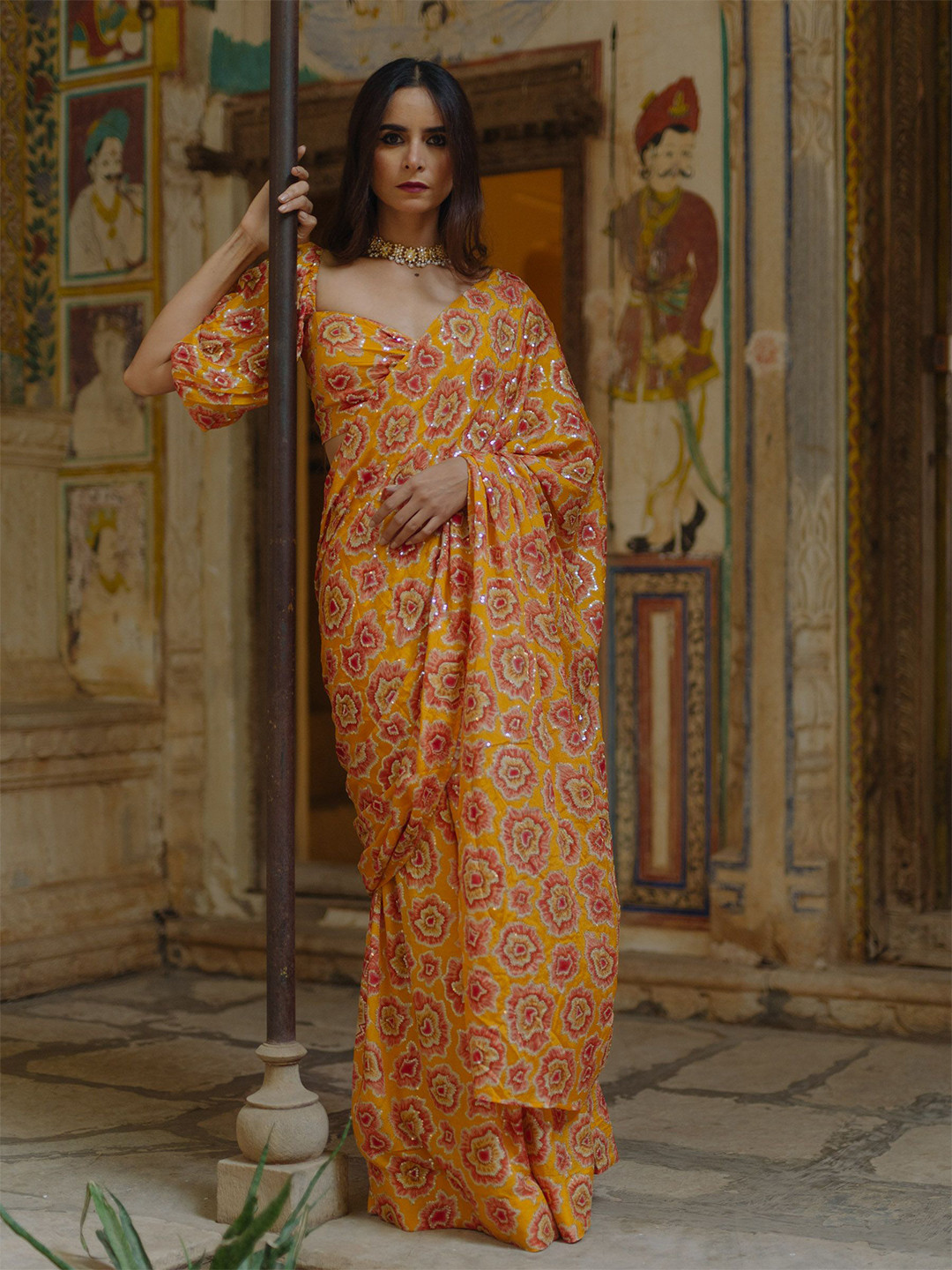 BAARO MASI Floral Printed Embroidered Sequinned Designer Lehenga Saree