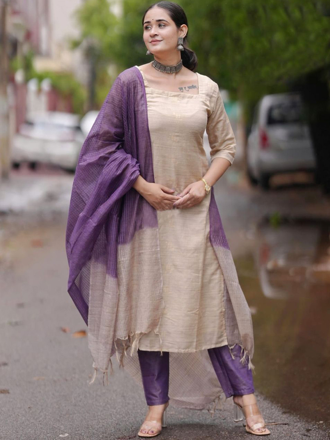 KALINI Square Neck Kurta with Trouser & Dupatta