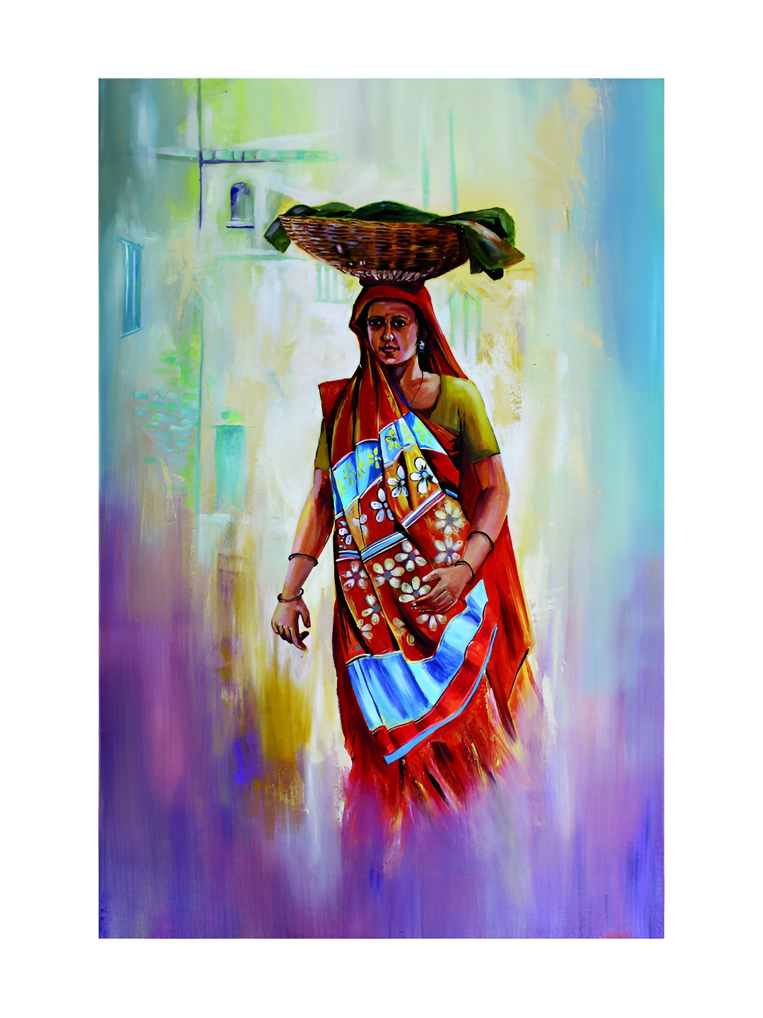 Inephos Blue & Red Canvas Beautiful Lady In Village Unframed Wall Painting