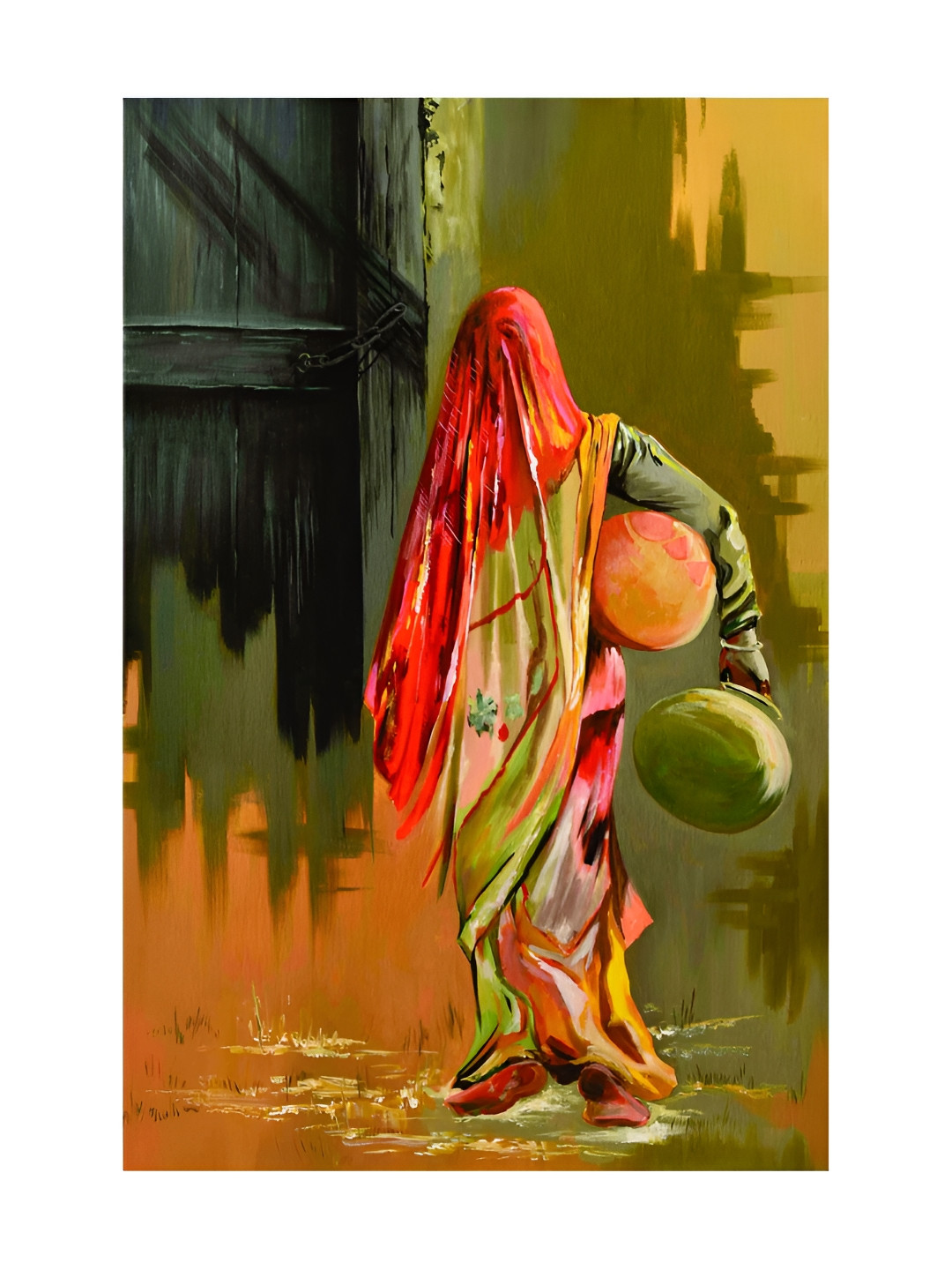 Inephos Lady In Village Canvas Wall Rectangle Paintings Wall Art -35.8x24In