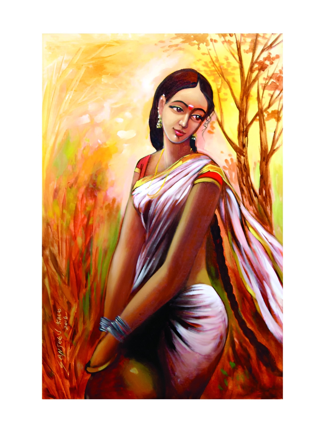 Inephos Purple & Brown Canvas Beautiful Lady in Village Unframed Wall Painting